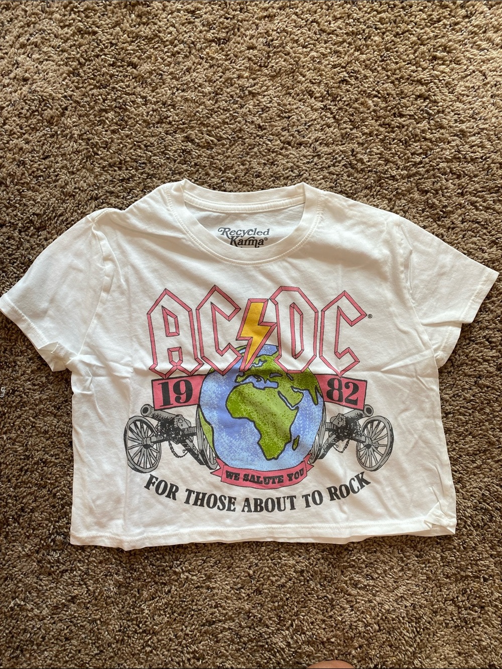 Karma White AC/DC Crop Graphic Tee with Pink and Yellow Accents